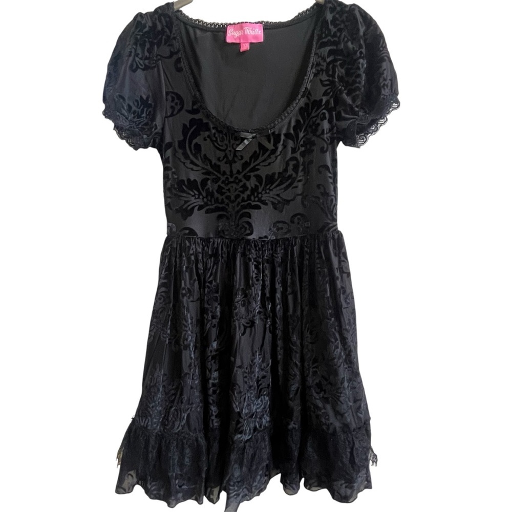 Sugar Thrillz Black Velvet Burnout Milkmaid Gothic Babydoll Mini Dress SZ XS